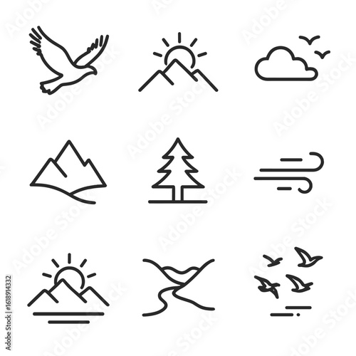 Birds Over Mountains. Outline icon set of bird soaring over peaks: bird silhouette with outstretched wings, mountain peak outline,