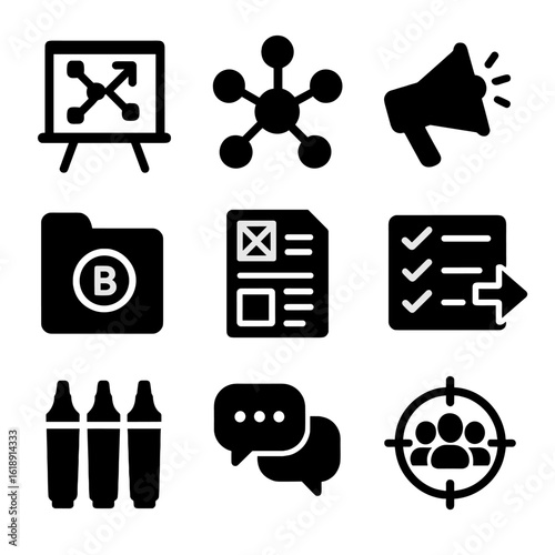 Creative Campaign Icons. Solid, filled icons set of creative campaign planning: whiteboard with arrows, mind