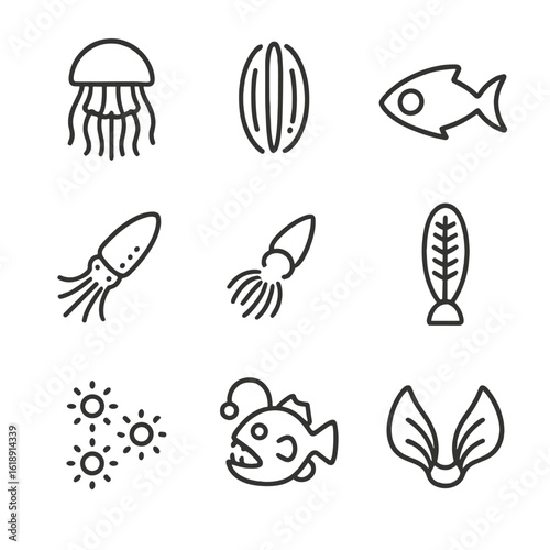 Bioluminescent Creatures Icons. Outline icon set of Bioluminescent species: lantern jellyfish, comb jelly streaks, flashlight fish