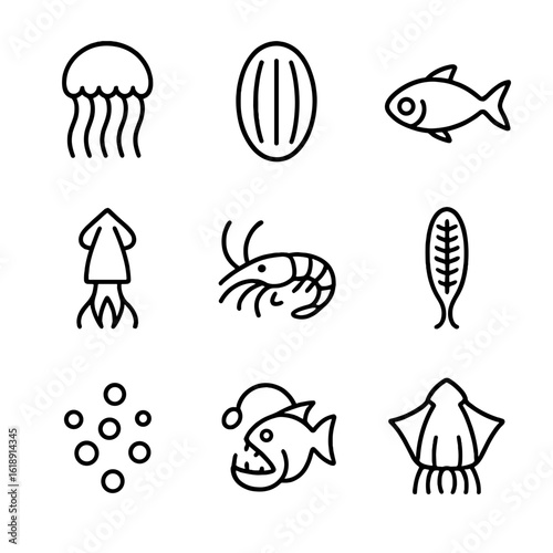 Bioluminescent Creatures Icons. Outline icon set of Bioluminescent species: lantern jellyfish, comb jelly streaks, flashlight fish