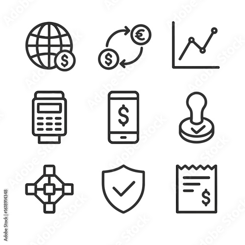 Blockchain Payments Icons. Outline icon set of cross-border blockchain payments: globe with coin, remittance arrow path, exchange