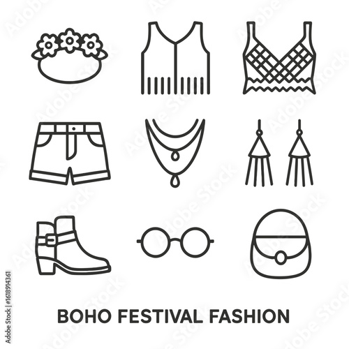 Boho Fashion Icons. Outline icon set of Boho festival fashion: flower crown, fringe vest, crochet top, denim shorts, ankle boots,