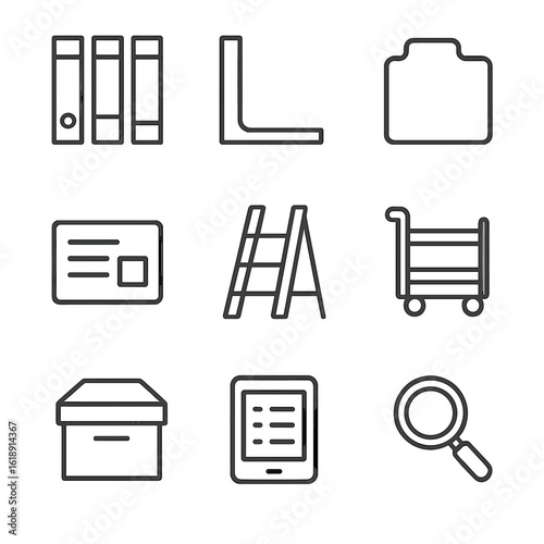 Bookshelf Tools Icons. Outline icon set of bookshelf organization tools: book spine labels, shelf divider, index tab, catalog card