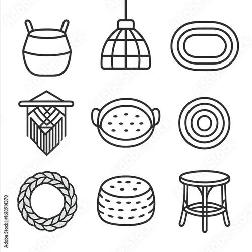 Bohemian Woven Decor Icons. Outline icon set of bohemian woven decor: seagrass basket, rattan lamp shade, jute rug, macrame wall