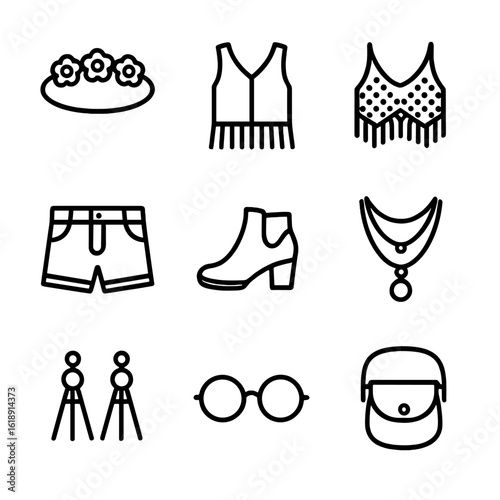 Boho Fashion Icons. Outline icon set of Boho festival fashion: flower crown, fringe vest, crochet top, denim shorts, ankle boots,