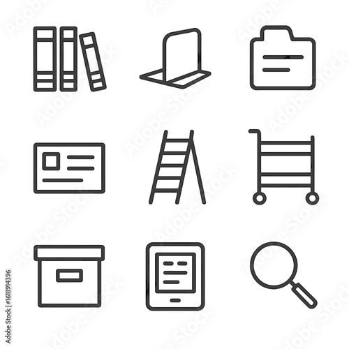 Bookshelf Tools Icons. Outline icon set of bookshelf organization tools: book spine labels, shelf divider, index tab, catalog card