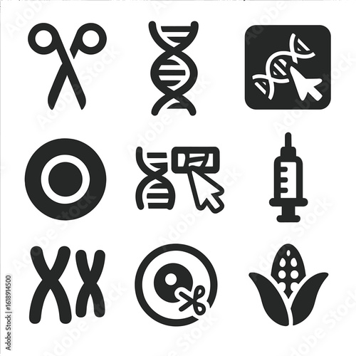 CRISPR Gene Editing Icons. Solid, filled icons set of CRISPR and gene-editing tools in agriculture: CRISPR