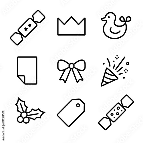 Christmas Cracker Icons. Outline icon set of Christmas crackers: cracker tube, paper crown, novelty toy, joke slip, ribbon tie,