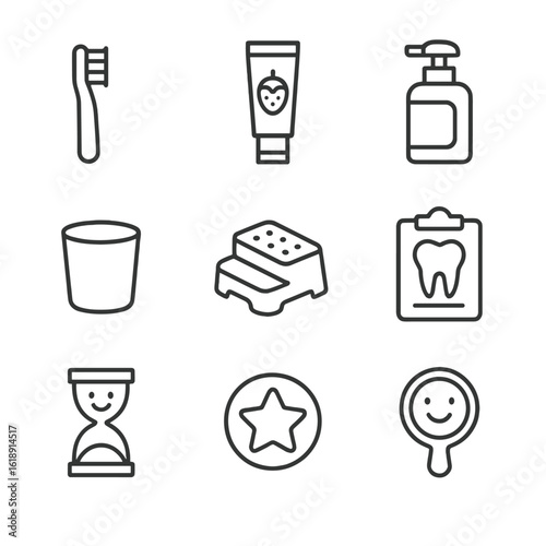 Children's Dental Icons. Outline icon set of children’s toothbrushing: kids’ toothbrush, flavored toothpaste, toothpaste dispenser