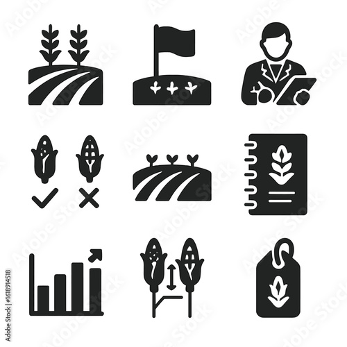 Crop Science Icons. Solid, filled icons set of lab-to-field implementation of crop science: test field,