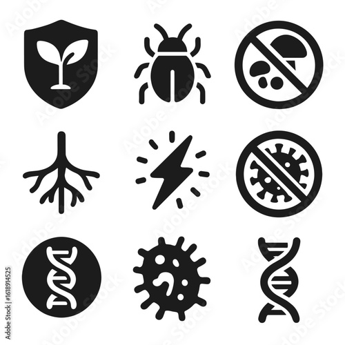 Crop Resistance Icons. Solid, filled icons set of crop disease resistance mechanisms: shielded plant, pest bug
