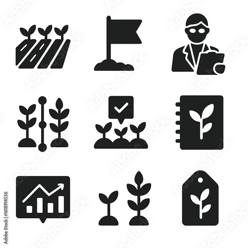 Crop Science Icons. Solid, filled icons set of lab-to-field implementation of crop science: test field,