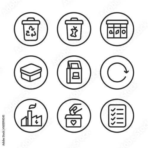 Circular Waste Icons Grid. Outline icon set of circular waste management: recycling bin, compost bin, waste sorting station,