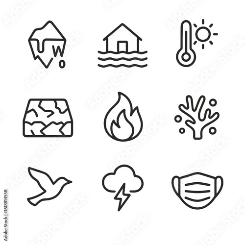 Climate Impact Icons. Outline icon set of climate change impacts: melting glacier, rising sea level flood, extreme heat