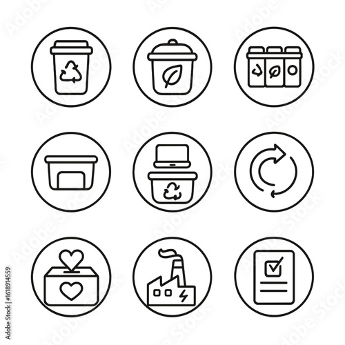 Circular Waste Icons Grid. Outline icon set of circular waste management: recycling bin, compost bin, waste sorting station,