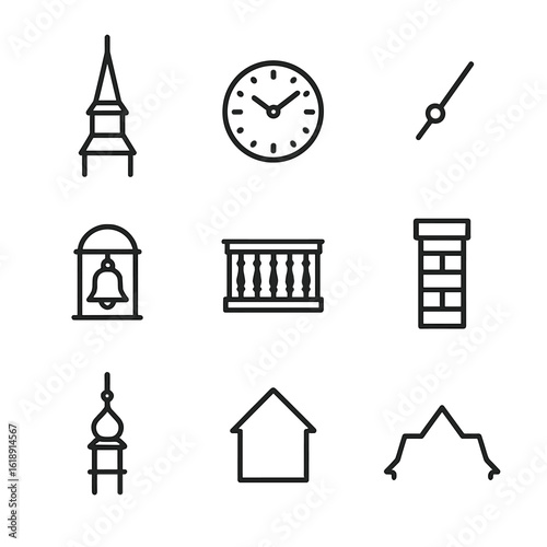 Clock Tower Icon Set. Outline icon set of clock tower architectural elements: spire, clock face, hour hand, minute hand, bell