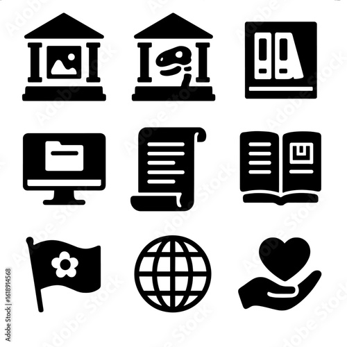 Cultural Heritage Icons. Solid, filled icons set of cultural heritage institutions: art museum, natural