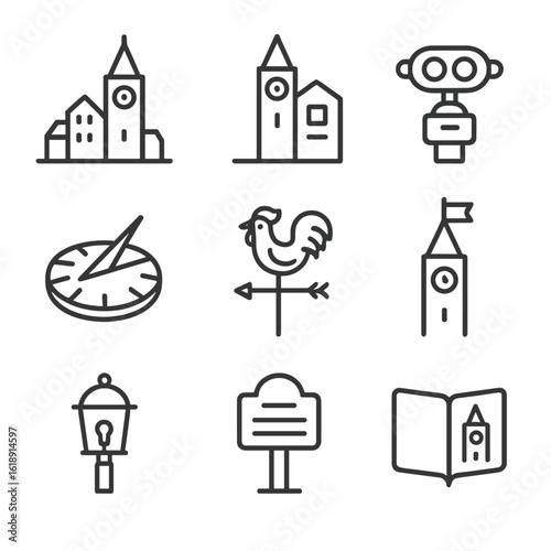 Clock Tower Icons. Outline icon set of clock tower surroundings and context: town skyline, adjacent building silhouette, tourist