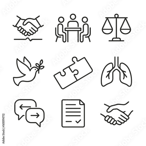 Conflict Resolution Icons. Outline icon set of conflict resolution skills: handshake over broken line, mediation table, scales of