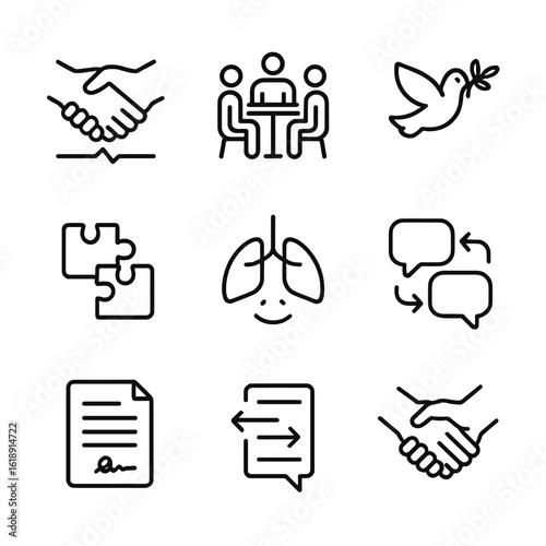 Conflict Resolution Icons. Outline icon set of conflict resolution skills: handshake over broken line, mediation table, scales of