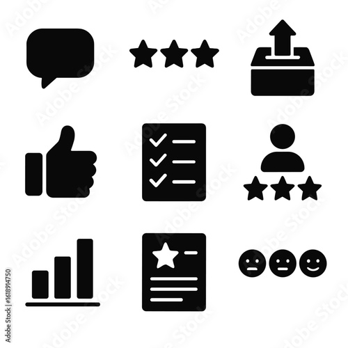 Customer Feedback Icons. Solid, filled icons set of customer feedback collection: comment bubble, rating stars