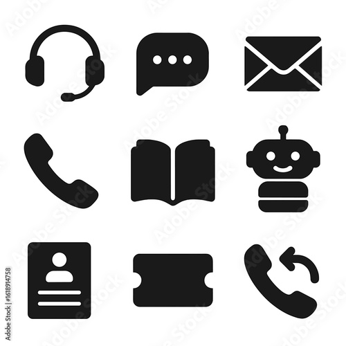 Customer Support Icons. Solid, filled icons set of customer support channels: headset, live chat bubble, email