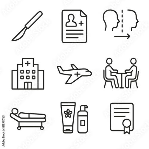 Cosmetic Surgery Icons. Outline icon set of cosmetic surgery tourism: surgeon scalpel, consultation document, before-after chart,