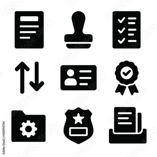 Customs Documentation Icons. Solid, filled icons set of customs and documentation: customs declaration form,