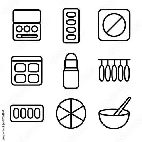 Cosmetics Icon Grid. Outline icon set of color palettes and swatches: eyeshadow palette, lipstick swatch chart, blush compact,