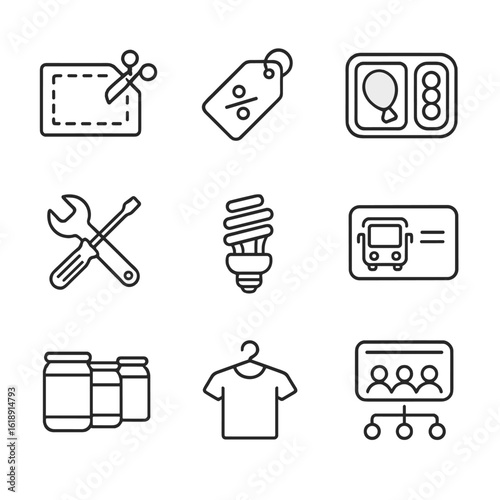 Cost-Cutting Icons. Outline icon set of cost-cutting and money-saving tips: coupon, sale tag, meal prep, DIY repair, energy-saving