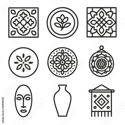 Cultural Icon Set. Outline icon set of cultural motif decor: Mediterranean tile plate, Japanese porcelain plate, Moroccan pattern