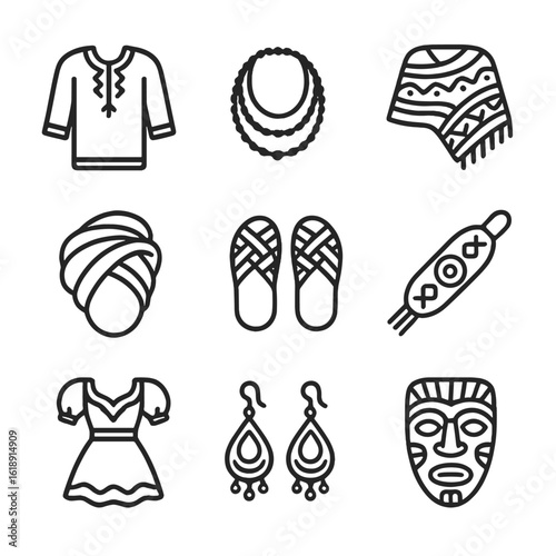 Cultural Festival Icons. Outline icon set of Cultural festival attire: embroidered tunic, beaded necklace, patterned shawl,
