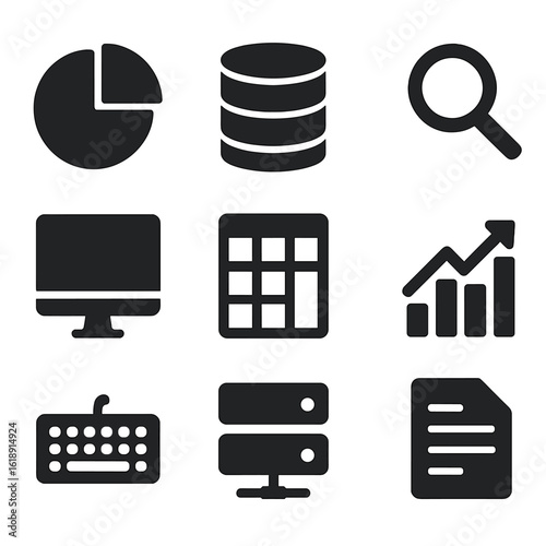 Data Journalism Icons. Solid, filled icons set of data journalism: chart, database, magnifying glass, computer