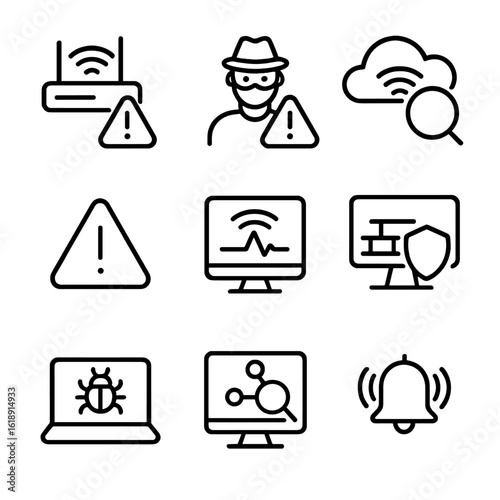 Cybersecurity Icons Grid. Outline icon set of Public hotspot threat detection: rogue access point, man-in-the-middle alert,