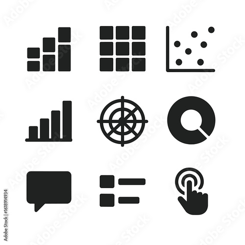 Data Visualization Icons. Solid, filled icons set of data visualization elements: stacked bar chart, heatmap