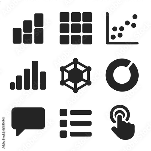 Data Visualization Icons. Solid, filled icons set of data visualization elements: stacked bar chart, heatmap