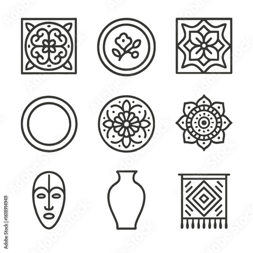 Cultural Icon Set. Outline icon set of cultural motif decor: Mediterranean tile plate, Japanese porcelain plate, Moroccan pattern
