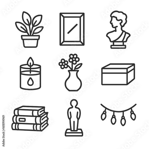 Decorative Shelf Icon Set. Outline icon set of decorative shelf styling: potted plant, photo frame, small sculpture, scented