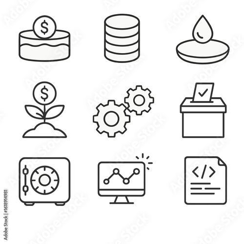 Decentralized Finance Icons. Outline icon set of decentralized finance services: lending pool, staking token stack, liquidity pool