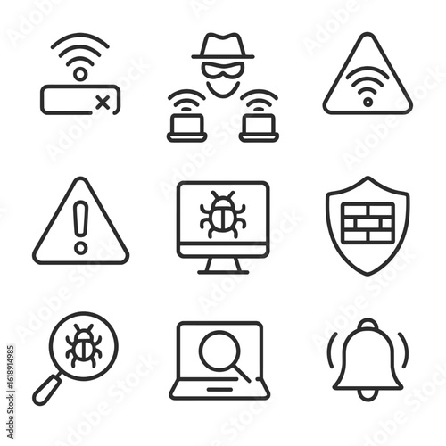 Cybersecurity Icons Grid. Outline icon set of Public hotspot threat detection: rogue access point, man-in-the-middle alert,