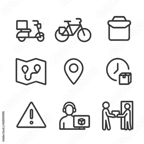 Delivery Logistics Icons. Outline icon set of delivery logistics: delivery scooter, delivery bicycle, thermal bag, route map,