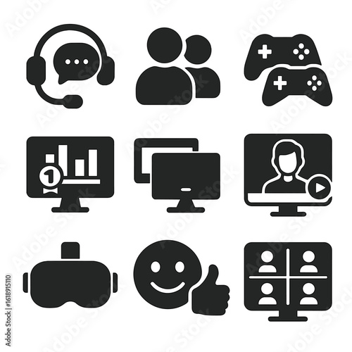 Digital Gaming Icons. Solid, filled icons set of digital bonding hobbies and co-op gaming: headset chat,