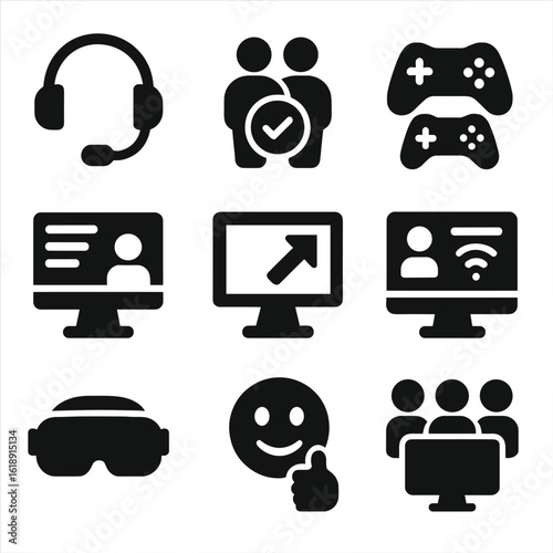 Digital Gaming Icons. Solid, filled icons set of digital bonding hobbies and co-op gaming: headset chat,