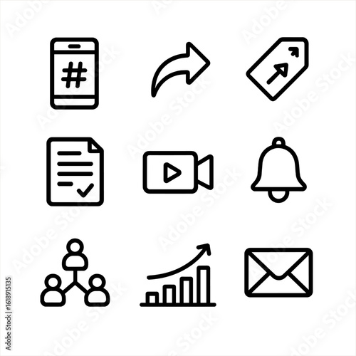 Digital Activism Icons. Outline icon set of digital activism: smartphone with hashtag, social share arrow, trending tag, online