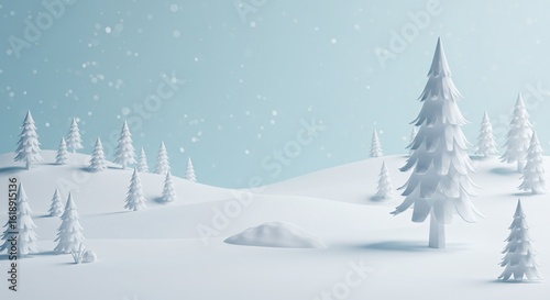 Winter Landscape: White Trees on Snow Hills, Minimalist Christmas Background, 3D Render, Snowflakes Falling, Light Blue Sky, Serene Holiday Scene