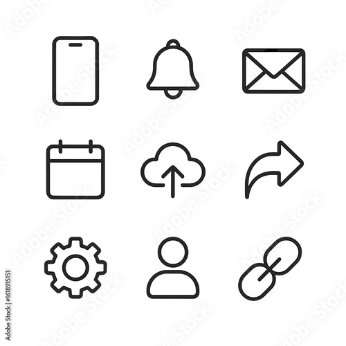 Digital Bulletin Icons. Outline icon set of digital bulletin board interface: smartphone screen, notification bell, email envelope