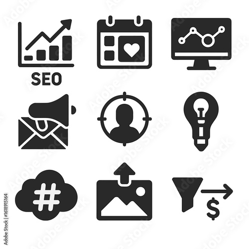 Digital Marketing Icons Grid. Solid, filled icons set of digital marketing freelancers: SEO graph, social post