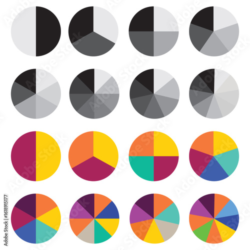 Set of round colorful infographic pie charts, template segment of circle icons 0% - 100%, simple flat design loading data interface elements app button ui ux web, vector isolated on white background 