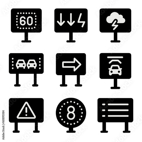 Digital Road Signs. Solid, filled icons set of electronic and smart road signs: variable speed display, lane