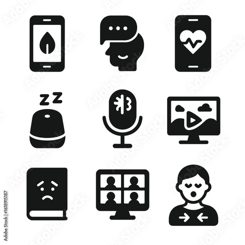 Digital Mental Health Icons. Solid, filled icons set of digital mental health tools: meditation app, therapy